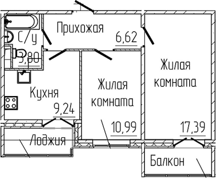 2-комнатная квартира 50.96 м², 2/8 эт., ЖК «SERTOLOVO PARK»